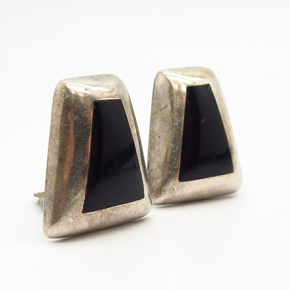 925 Sterling Silver Vintage Mexico Real Black Onyx Gemstone Clip On Earrings