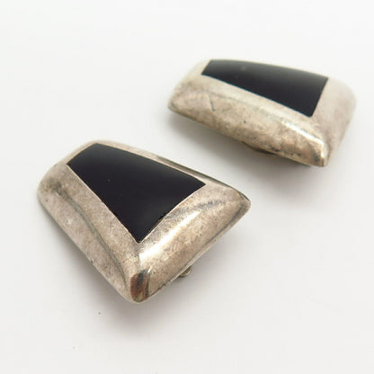 925 Sterling Silver Vintage Mexico Real Black Onyx Gemstone Clip On Earrings