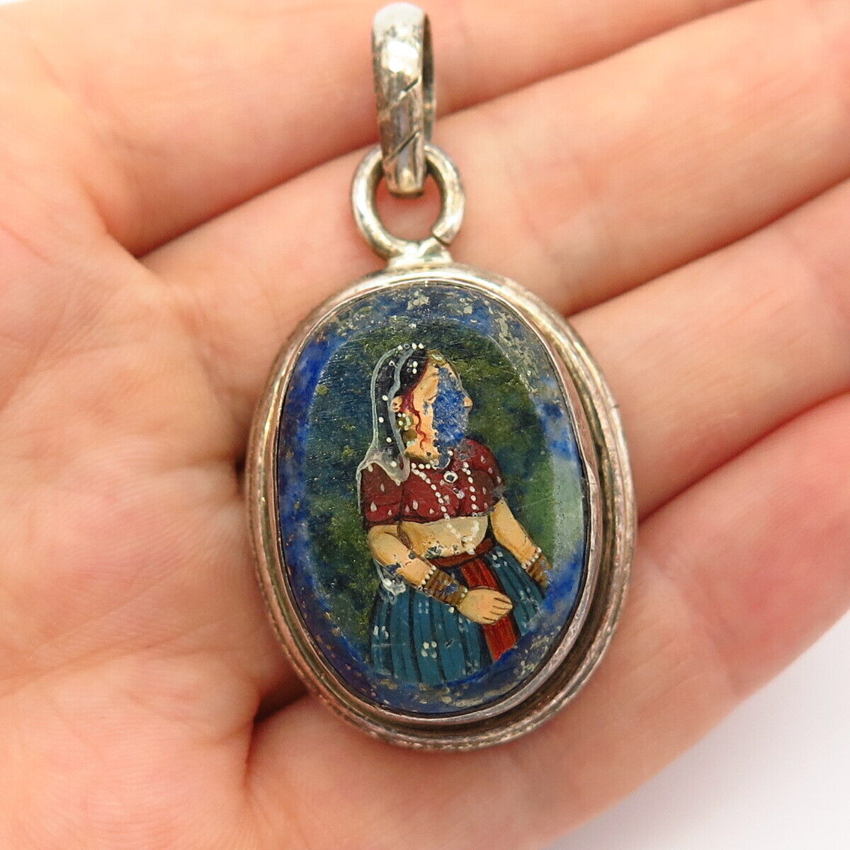 925 Sterling Silver Lapis Lazuli Gem & Enamel Woman In Traditional Dress Pendant