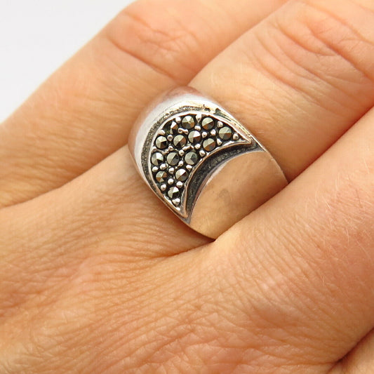 925 Sterling Silver Real Marcasite Gem Crescent Moon Design Ring Size 6 3/4