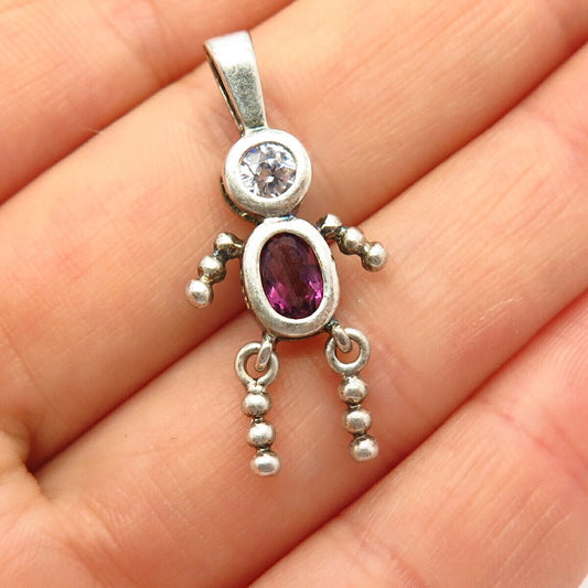 925 Sterling Silver White & Amethyst-Tone C Z Articulated Boy Slide Pendant