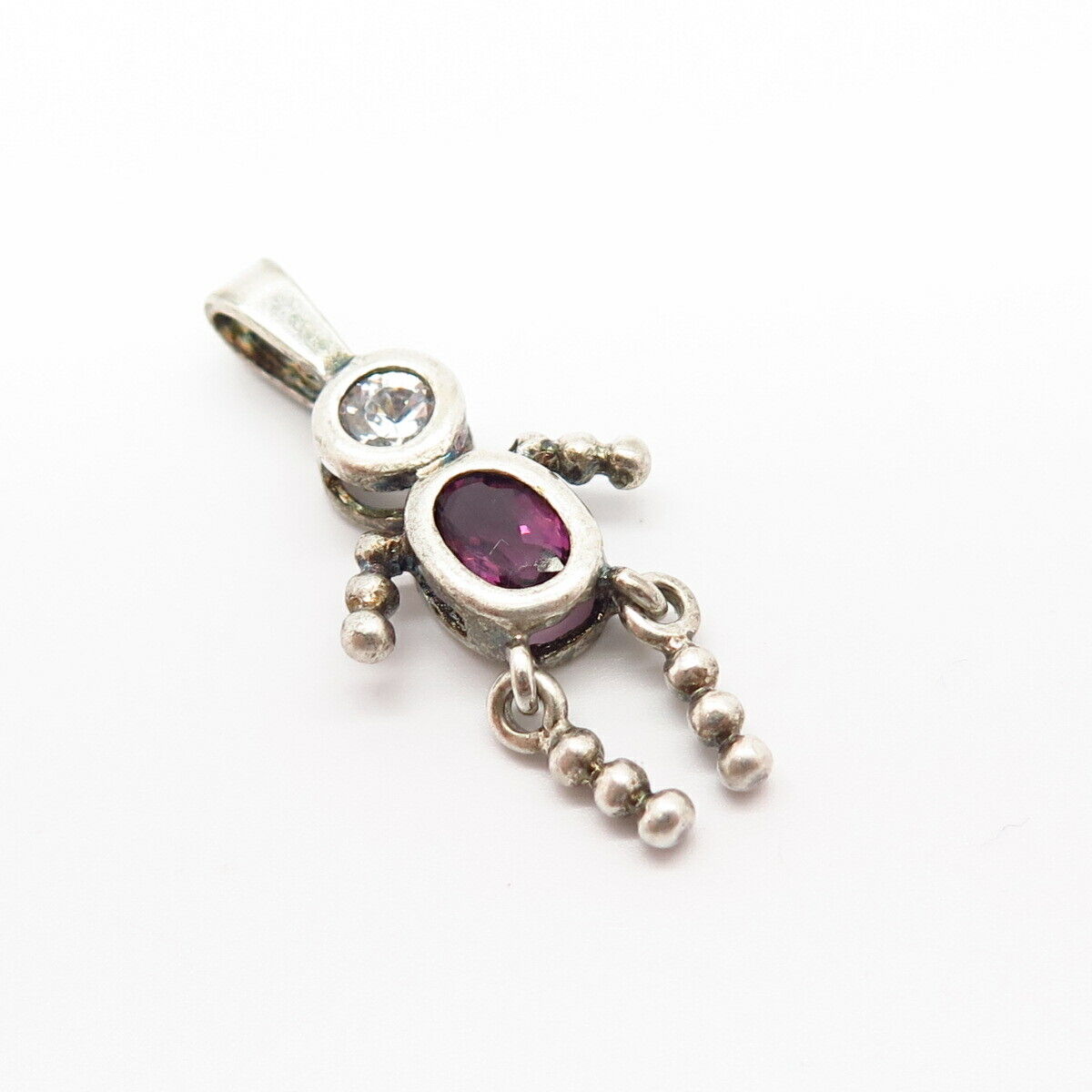 925 Sterling Silver White & Amethyst-Tone C Z Articulated Boy Slide Pendant