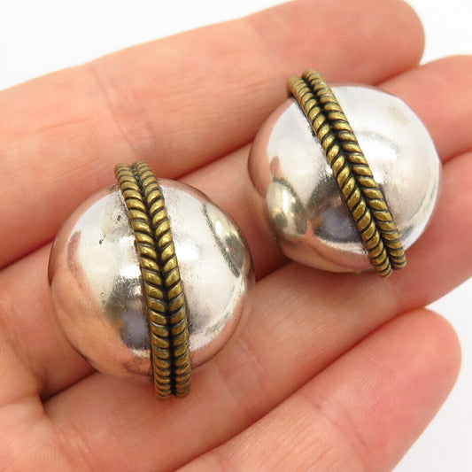 925 Sterling Silver 2-Tone Vintage Mexico Sphere Design Clip On Earrings