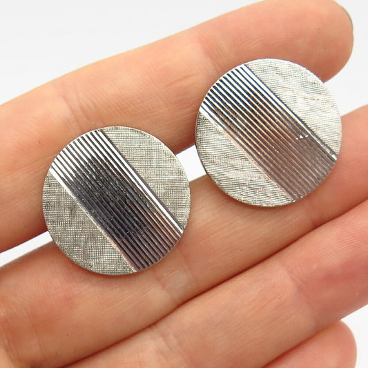 925 Sterling Silver Vintage Textured Striped Design Round Cufflinks