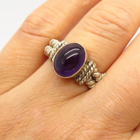 925 Sterling Silver Real Amethyst Gemstone Rope Design Ring Size 5 3/4