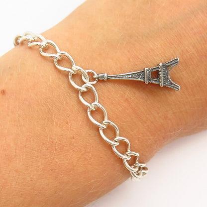 925 Sterling Silver Mango Tango Eiffel Tower Charm Link Bracelet 6 3/4"