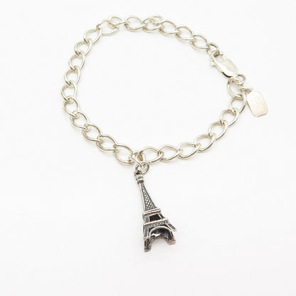 925 Sterling Silver Mango Tango Eiffel Tower Charm Link Bracelet 6 3/4"