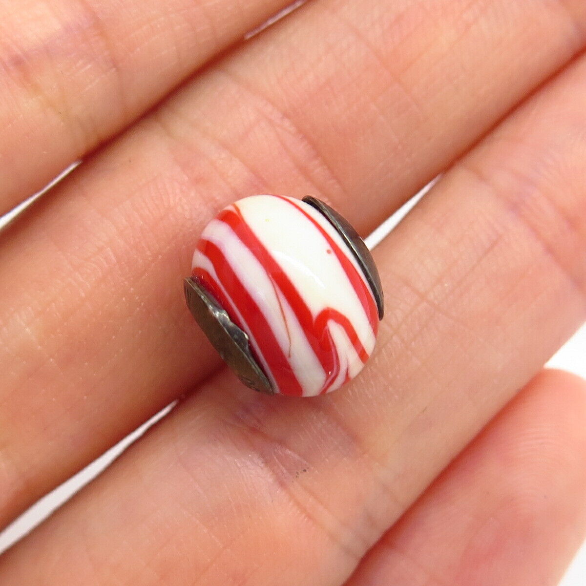 925 Sterling Silver Italy White & Red Murano Glass Bead Charm