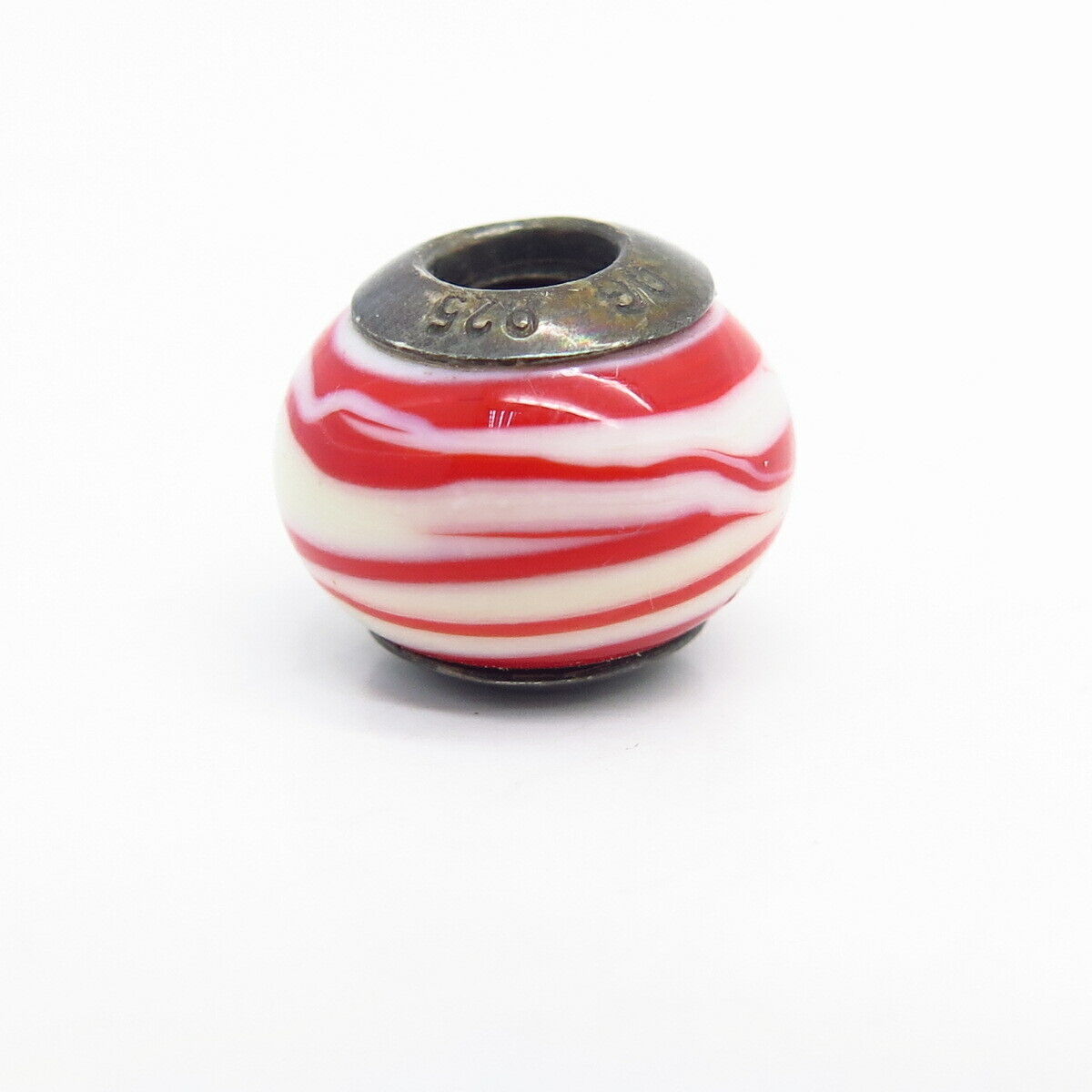 925 Sterling Silver Italy White & Red Murano Glass Bead Charm