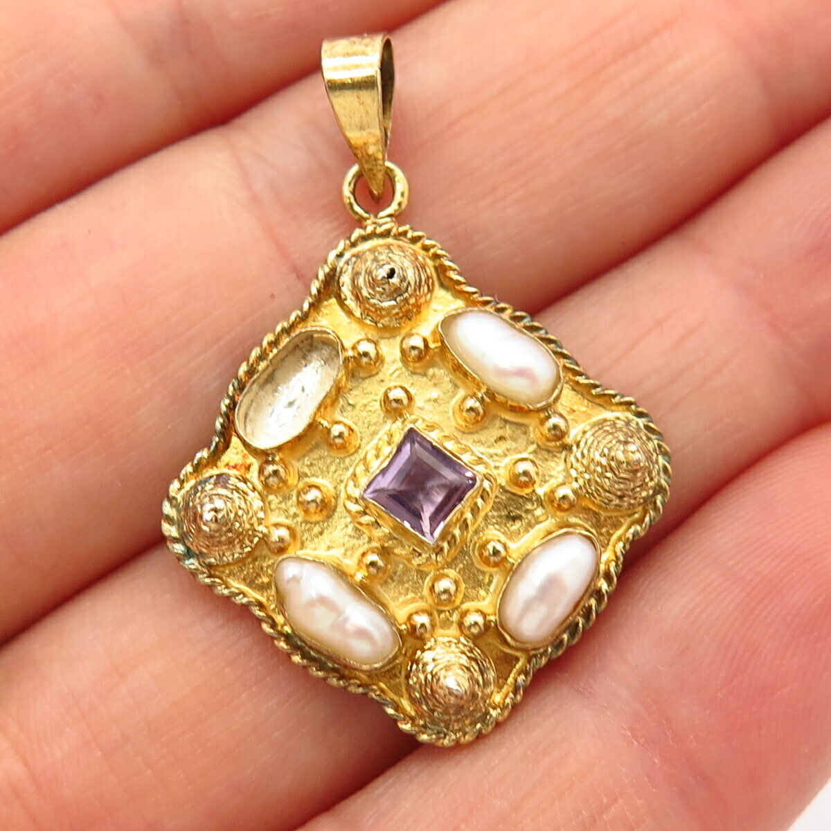 925 Sterling Silver Gold Plated Real Amethyst Gem & Pearl Pendant