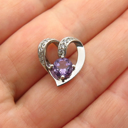 925 Sterling Silver White & Amethyst-Tone C Z Heart Design Slide Pendant