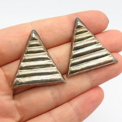 925 Sterling Silver Vintage Mexico Ribbed Triangle Shape Hollow Earrings