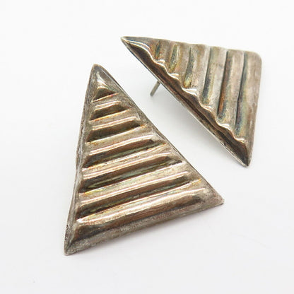 925 Sterling Silver Vintage Mexico Ribbed Triangle Shape Hollow Earrings