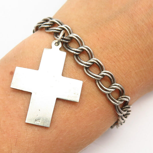 925 Sterling Silver Italy Cross Charm Double Cable Link Bracelet 6 3/4"