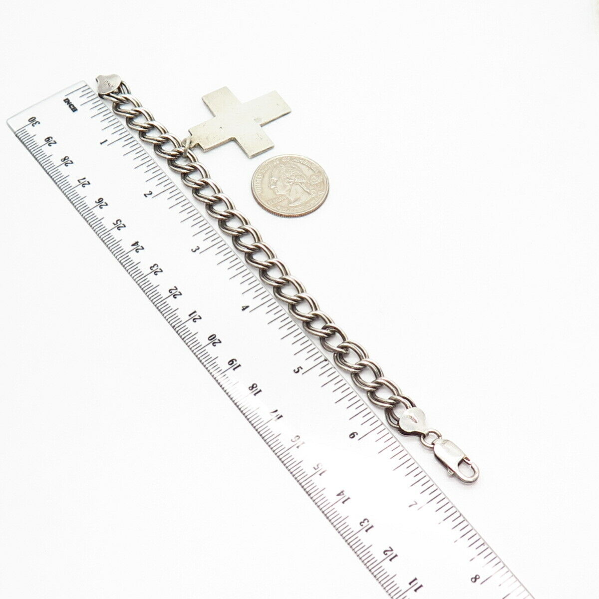 925 Sterling Silver Italy Cross Charm Double Cable Link Bracelet 6 3/4"