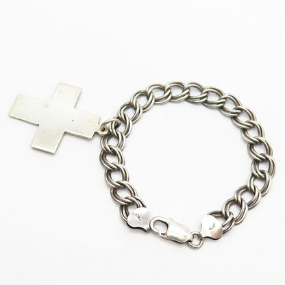 925 Sterling Silver Italy Cross Charm Double Cable Link Bracelet 6 3/4"