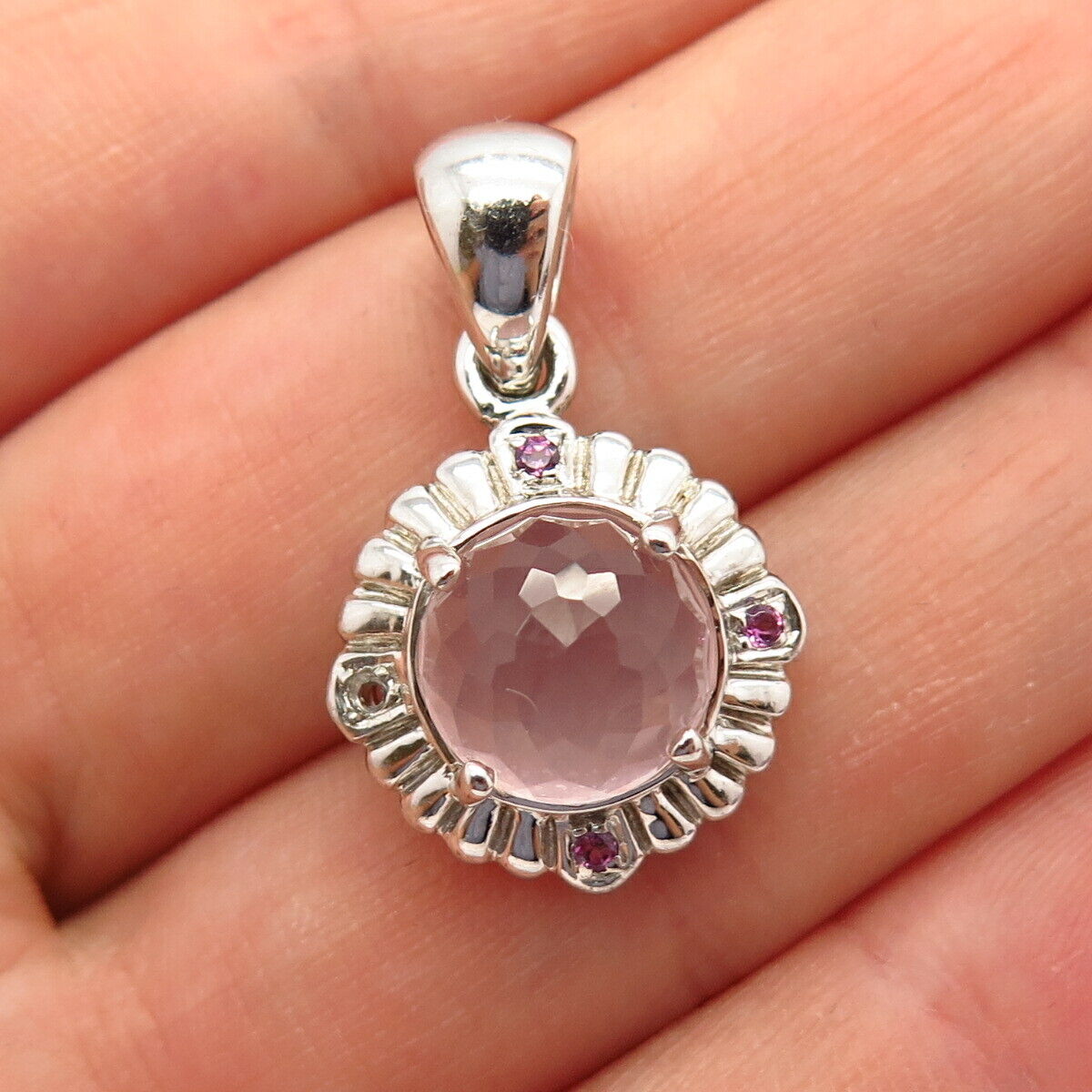 925 Sterling Silver Real Rose Quartz & Pink Amethyst Gem Pendant