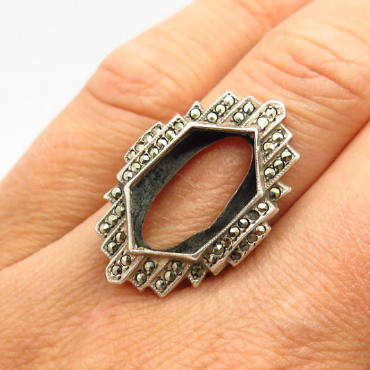 925 Sterling Silver Antique Real Marcasite Gem Wide Ring Size 7