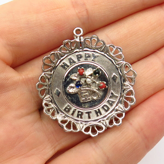 925 Sterling Silver Vintage Multi-Color Glass "Happy Birthday" Charm Pendant