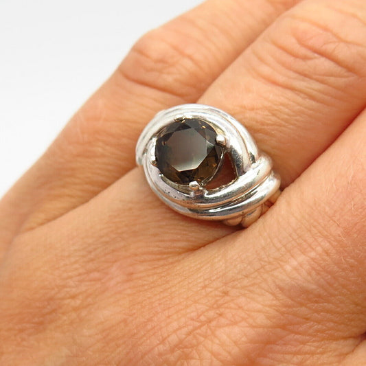 925 Sterling Silver Real Smoky Quartz Twisted Design Ring Size 7 1/4