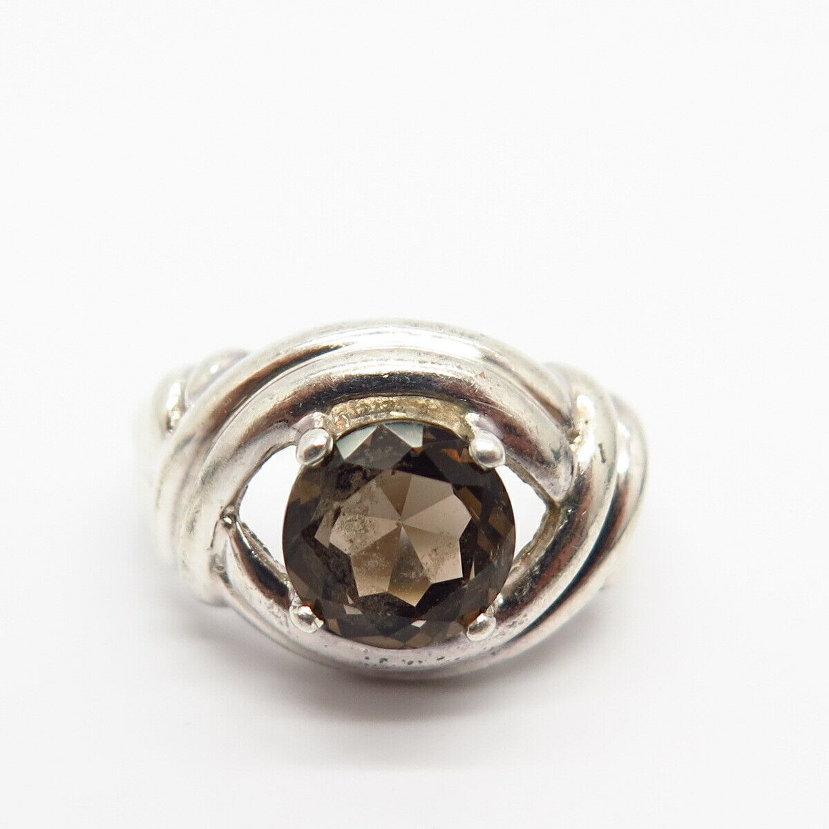 925 Sterling Silver Real Smoky Quartz Twisted Design Ring Size 7 1/4