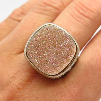 925 Sterling Silver Real Sparkling Druzy Statement Wide Signet Ring Size 10