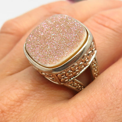 925 Sterling Silver Real Sparkling Druzy Statement Wide Signet Ring Size 10