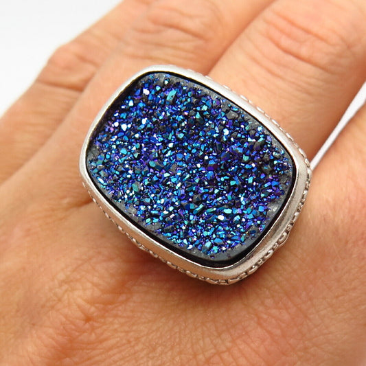 925 Sterling Silver Real Sparkling Druzy Statement Wide Cocktail Ring Size 10