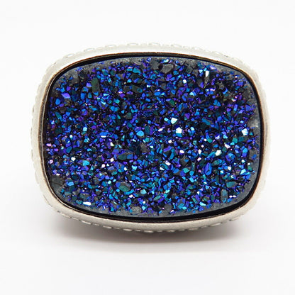 925 Sterling Silver Real Sparkling Druzy Statement Wide Cocktail Ring Size 10