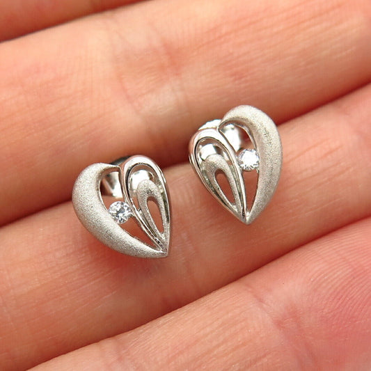 925 Sterling Silver C Z Textured Heart Design Small Stud Earrings