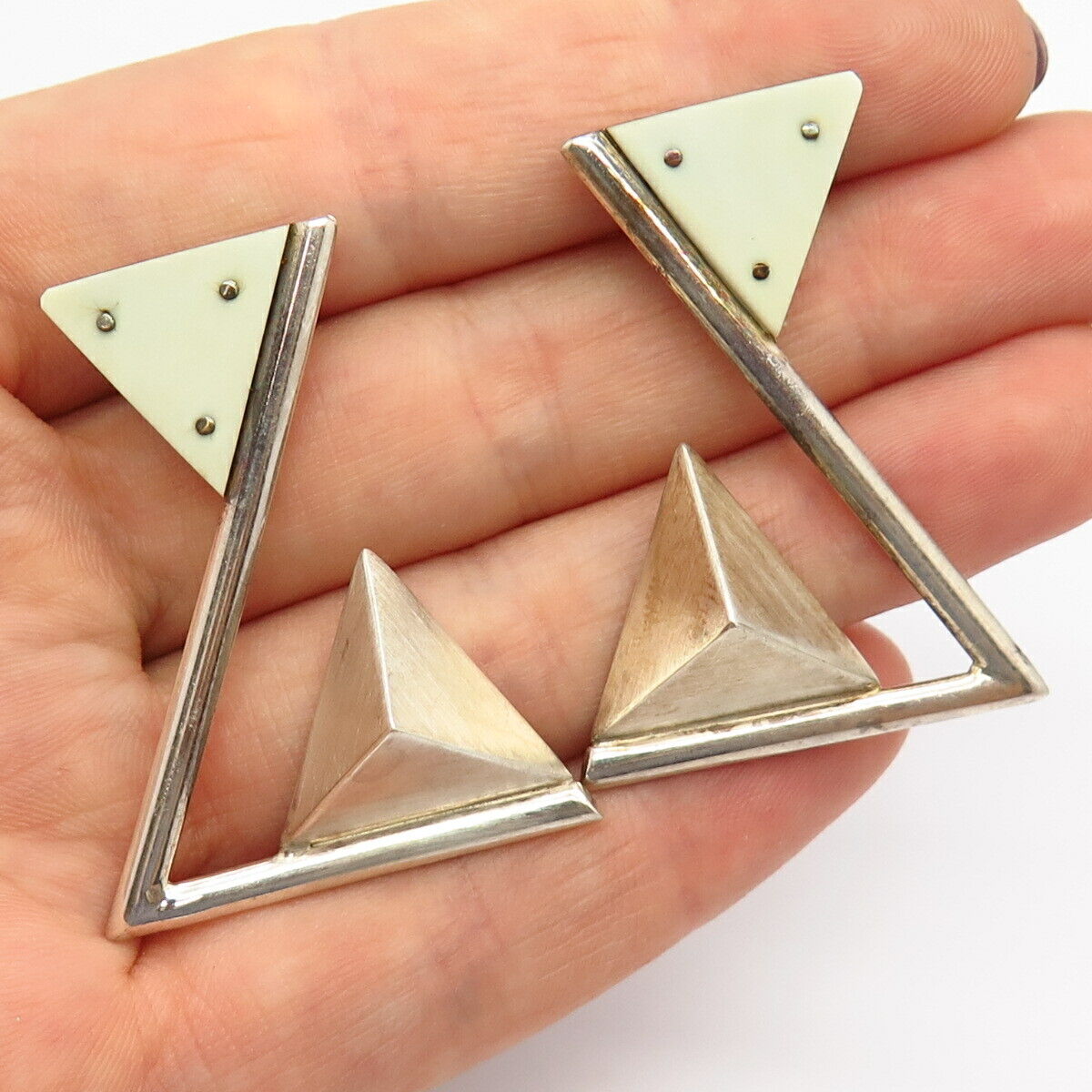 925 Sterling Silver Victor Alfaro Modernist Triangle Design Earrings