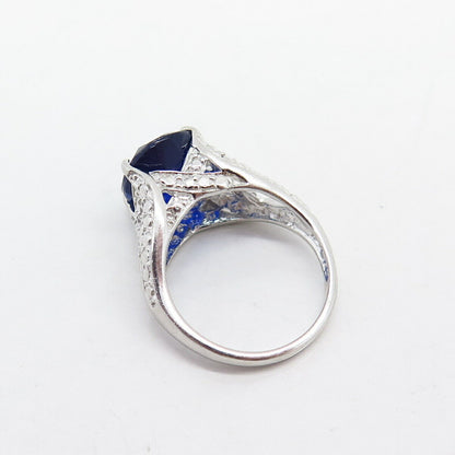 925 Sterling Silver Blue C Z "XO" Design Cocktail Ring Size 6 1/4