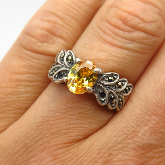 925 Sterling Silver Real Marcasite Gem & Canary-Tone C Z Leaf Ring Size 5 3/4