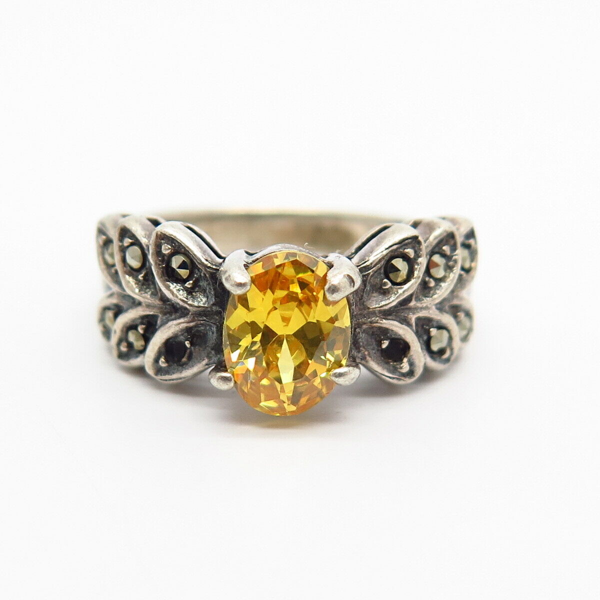 925 Sterling Silver Real Marcasite Gem & Canary-Tone C Z Leaf Ring Size 5 3/4