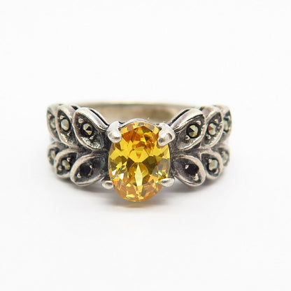 925 Sterling Silver Real Marcasite Gem & Canary-Tone C Z Leaf Ring Size 5 3/4