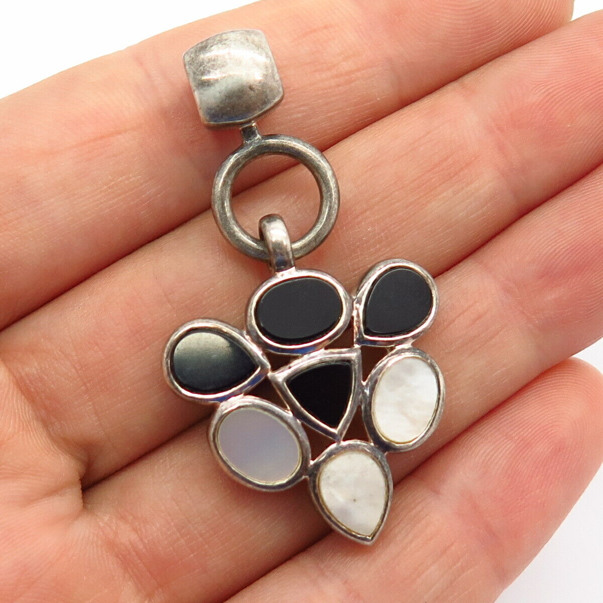 925 Sterling Silver Elle Black Onyx & Ruby Gem & Mother-Of-Pearl Slide Pendant