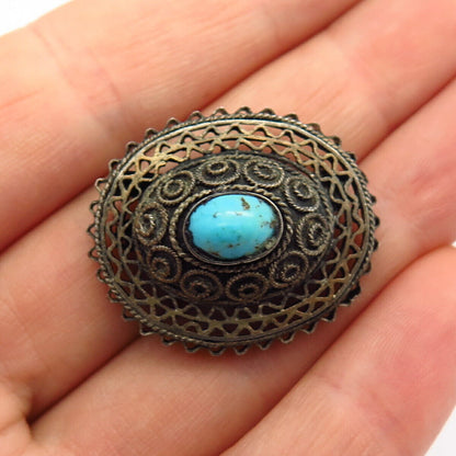 925 Sterling Silver Real Turquoise Gem Domed Design Pin Brooch / Pendant