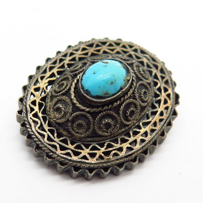 925 Sterling Silver Real Turquoise Gem Domed Design Pin Brooch / Pendant