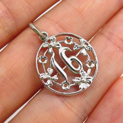 925 Sterling Silver "Sweet 16 / Lucky Number" Floral Design Round Pendant