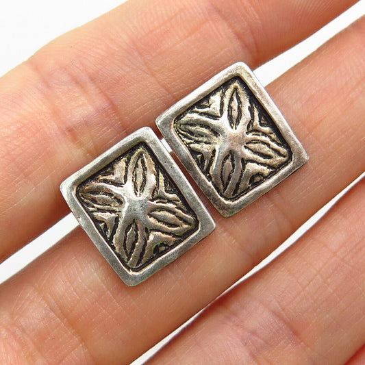 925 Sterling Silver Floral Design Square Shape Stud Earrings