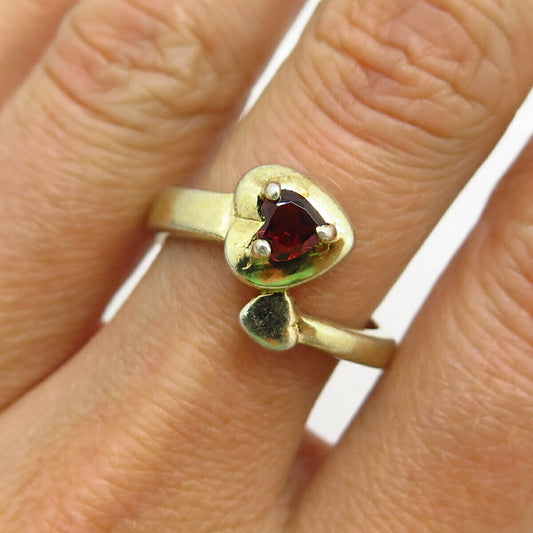 925 Sterling Silver Gold Plated Real Red Garnet Gem Heart Bypass Ring Size 8