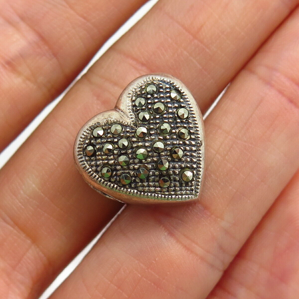 925 Sterling Silver Real Marcasite Gemstone Heart Slide Pendant