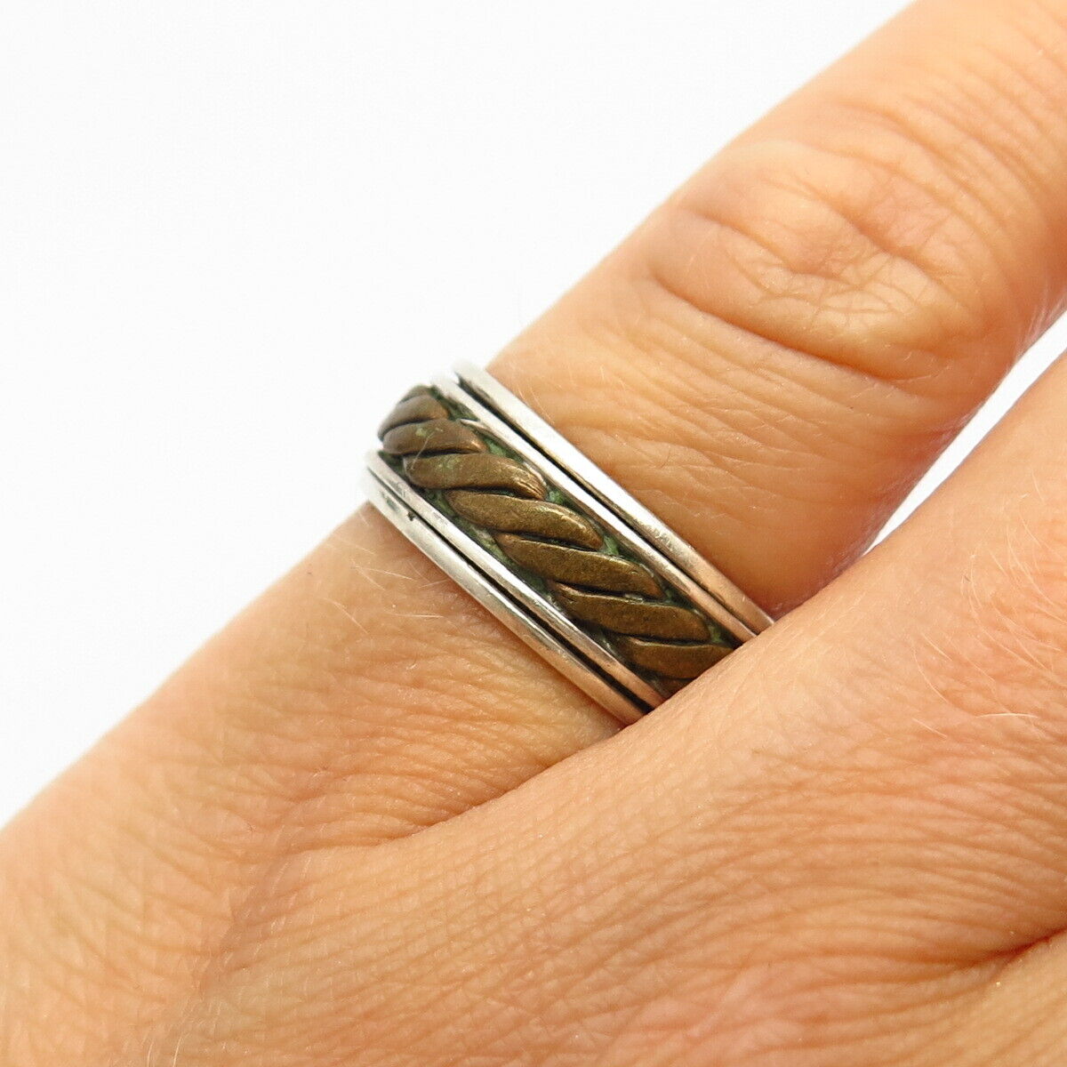 925 Sterling Silver 2-Tone Twisted Design Rotating Band Ring Size 6 1/4