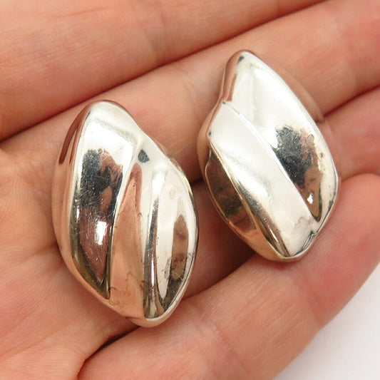 925 Sterling Silver Vintage Mexico Ribbed Design Hollow Clip On Earrings