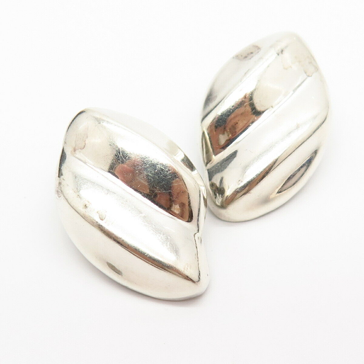 925 Sterling Silver Vintage Mexico Ribbed Design Hollow Clip On Earrings