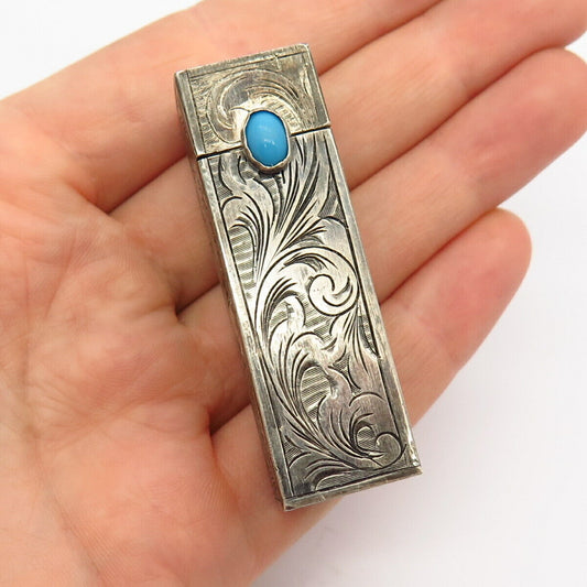 800 Silver Antique Faux Turquoise Ornate Design Lipstick Holder Case