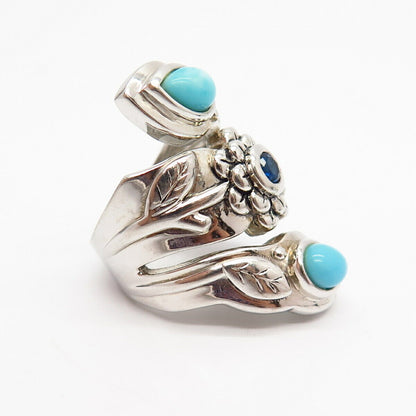 925 Sterling Faux Turquoise & Blue C Z Floral Wide Ring Size 6 3/4