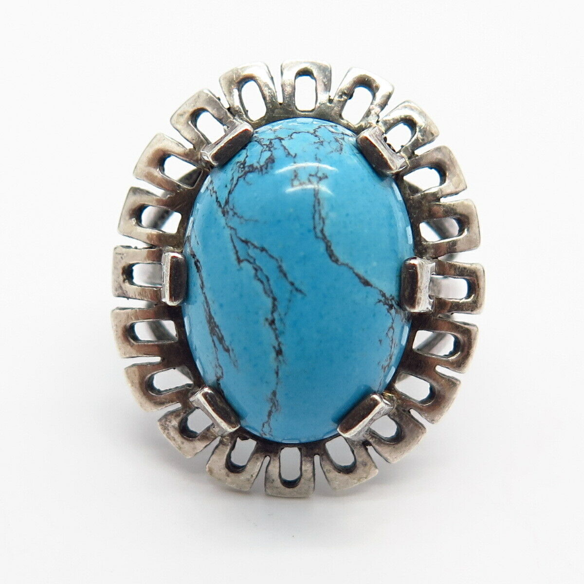 925 Sterling Silver Vintage Real Turquoise Gem Wide Ring Size 7 3/4