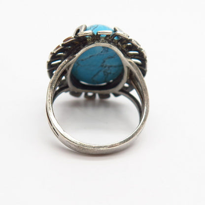 925 Sterling Silver Vintage Real Turquoise Gem Wide Ring Size 7 3/4