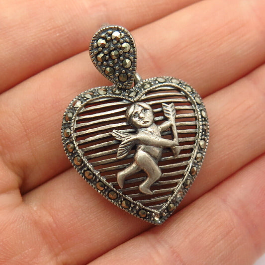 925 Sterling Silver Real Marcasite Gem Cupid Angel Design Heart Pendant